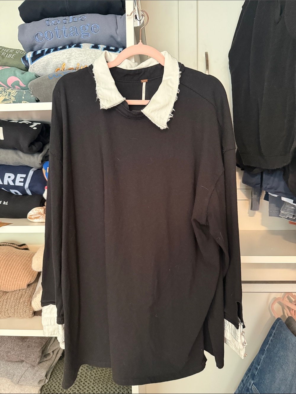 Free people Black Long Sleeve Top with Contrast White Collar